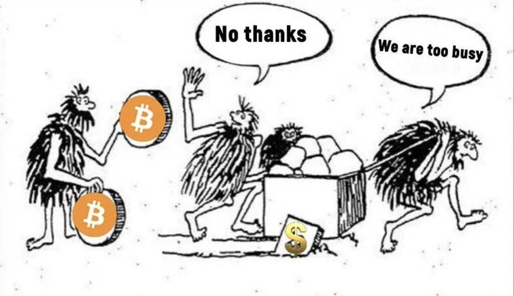 no thanks we are too busy bitcoin meme cavemen