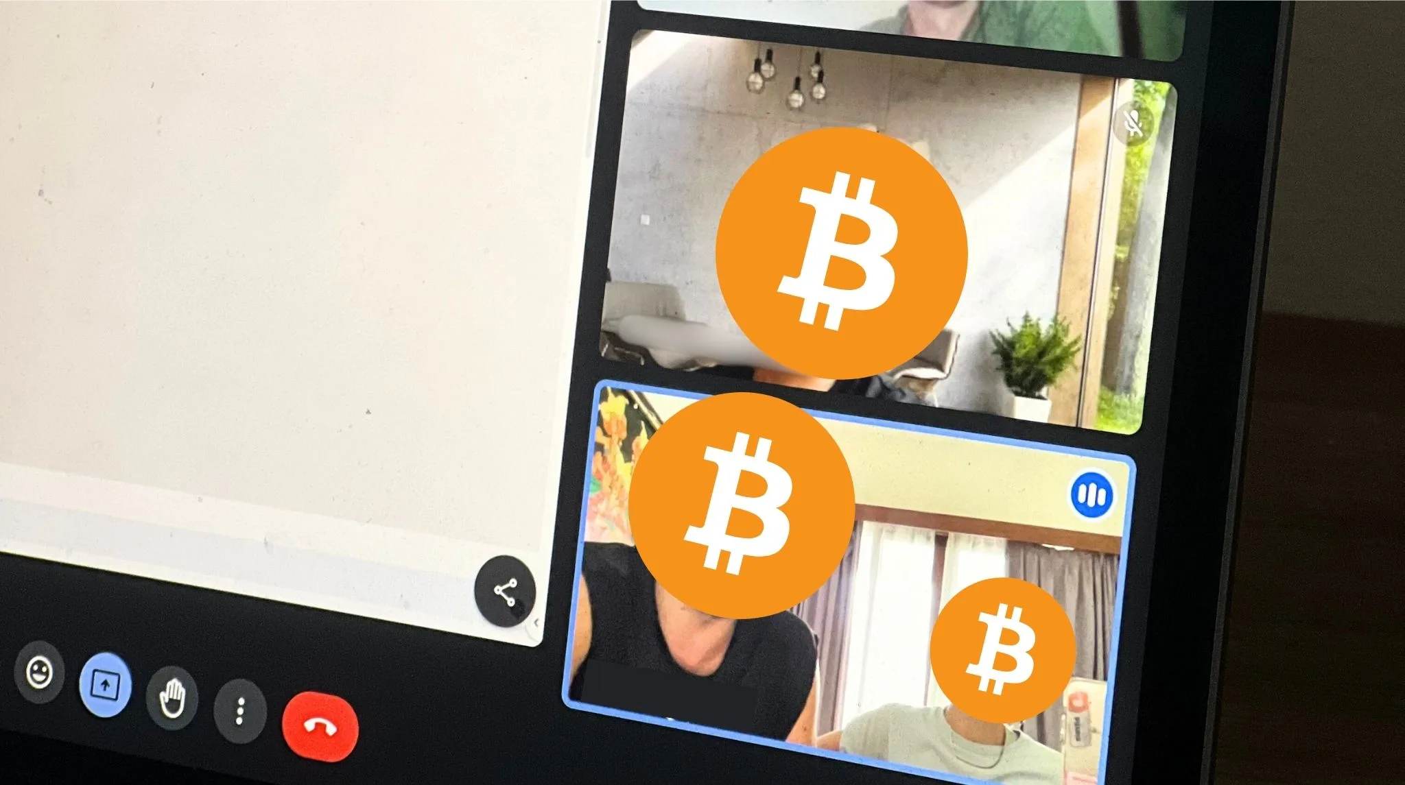Screenshot of a video call with Bitcoin Indonesia community members, faces covered with Bitcoin logos for privacy