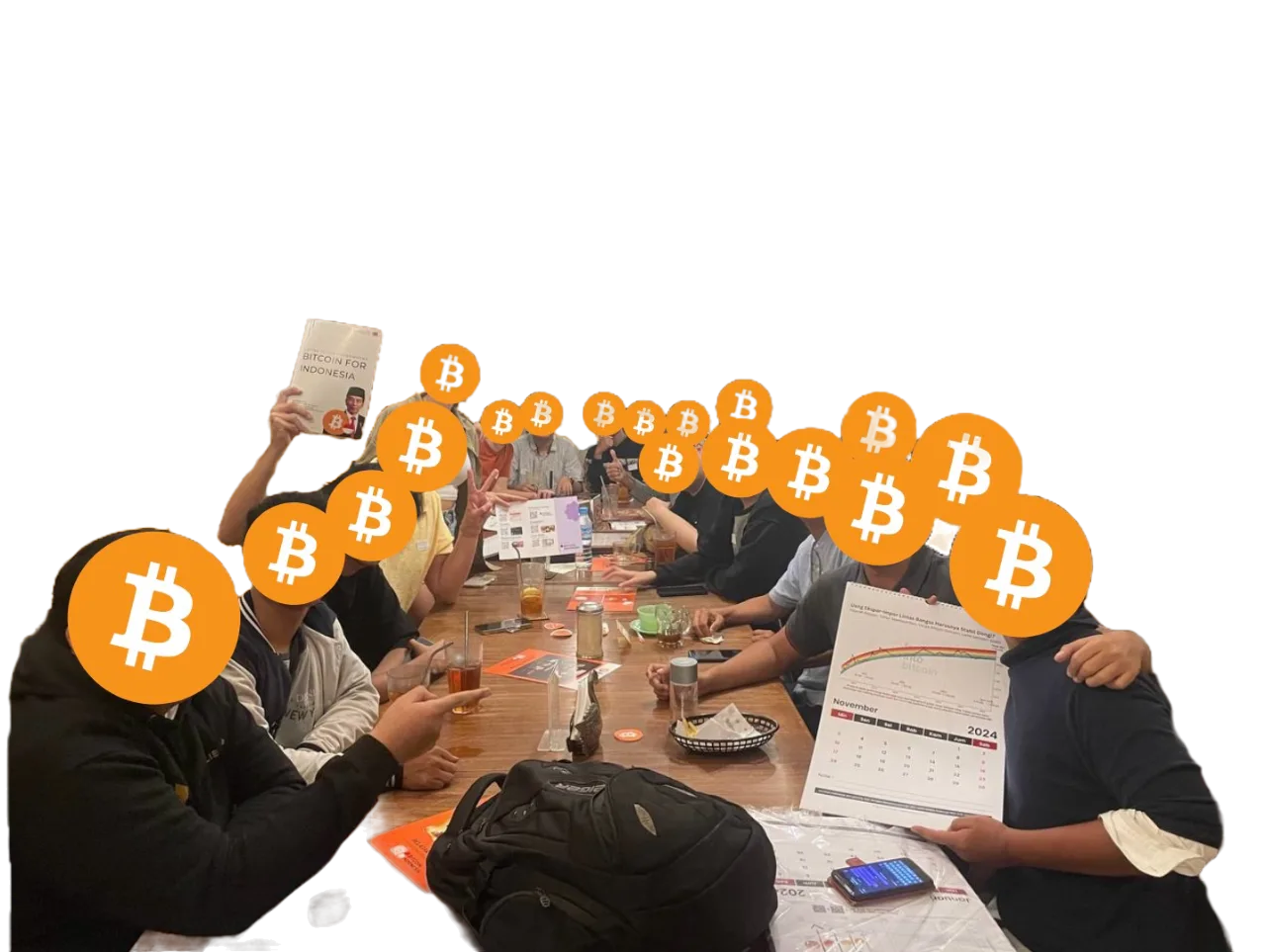 Bitcoin Indonesia community meetup around a table, faces covered with Bitcoin logos for privacy