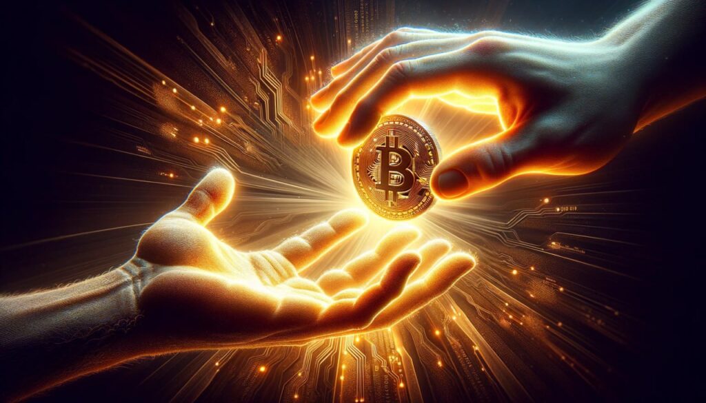 An image of two hands embracing Bitcoin