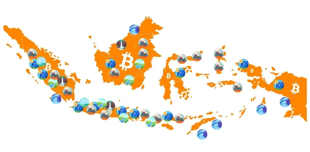 Green Bitcoin Mining 3 Map of Indonesia showing renewable energy sources for Bitcoin mining, including geothermal, hydro, solar, and wind across the archipelago