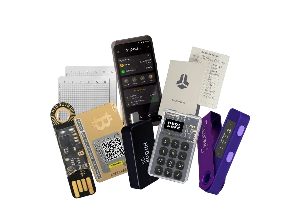 Collection of Bitcoin hardware wallets and storage methods, including a phone app, seed phrase steel plates, and devices from BitBox, Coldcard, and Ledger