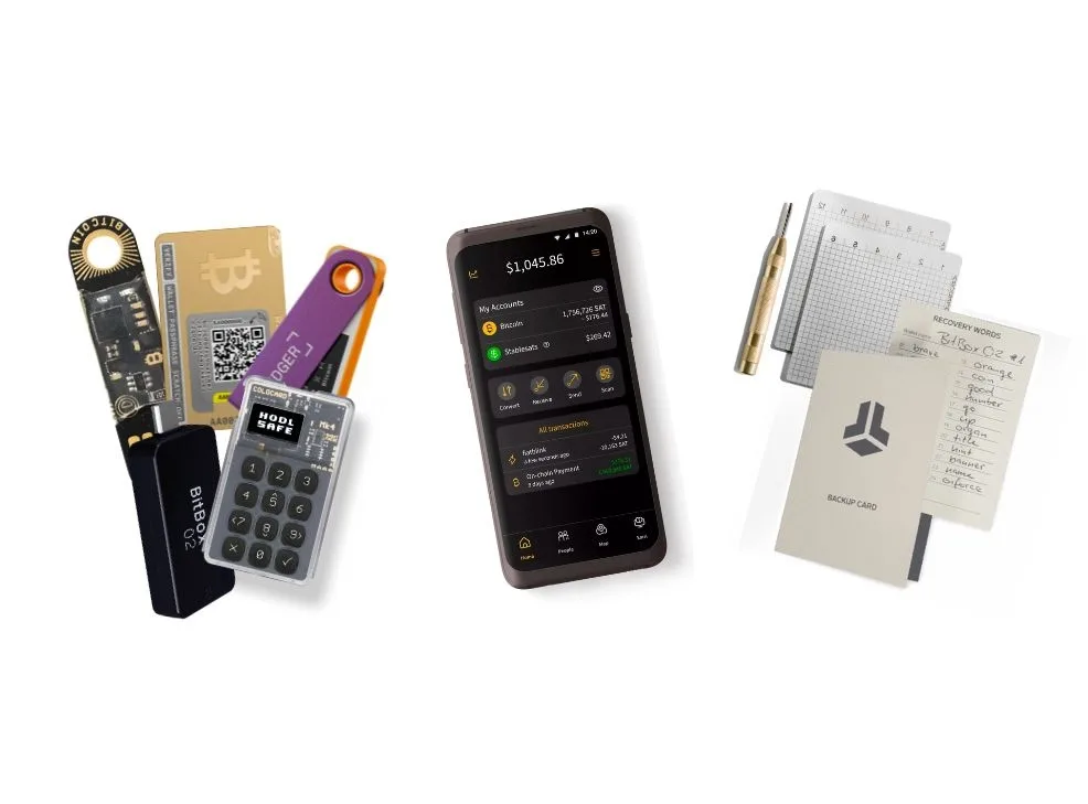 Different types of Bitcoin wallets: hardware wallets, a mobile wallet app, and a paper backup card