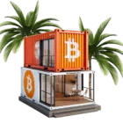 Illustration of the Bitcoin House Bali shipping-container building with palm trees