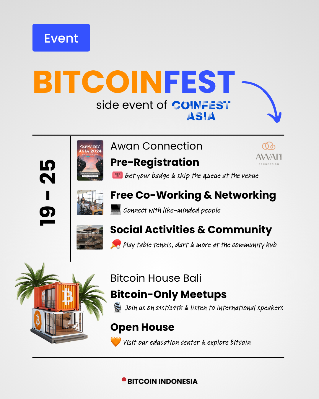 Bitcoin House Bali detailed Overview of all Bitcoin Fest Coinfest Meetups in August