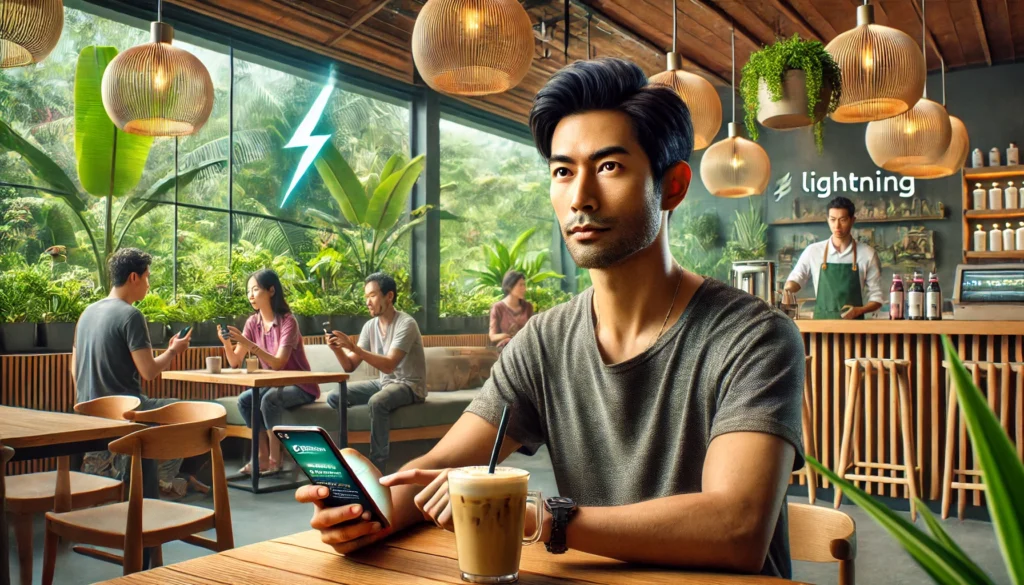 a man in the coffee shop sending bitcoin to his family with the lightning nwallet

