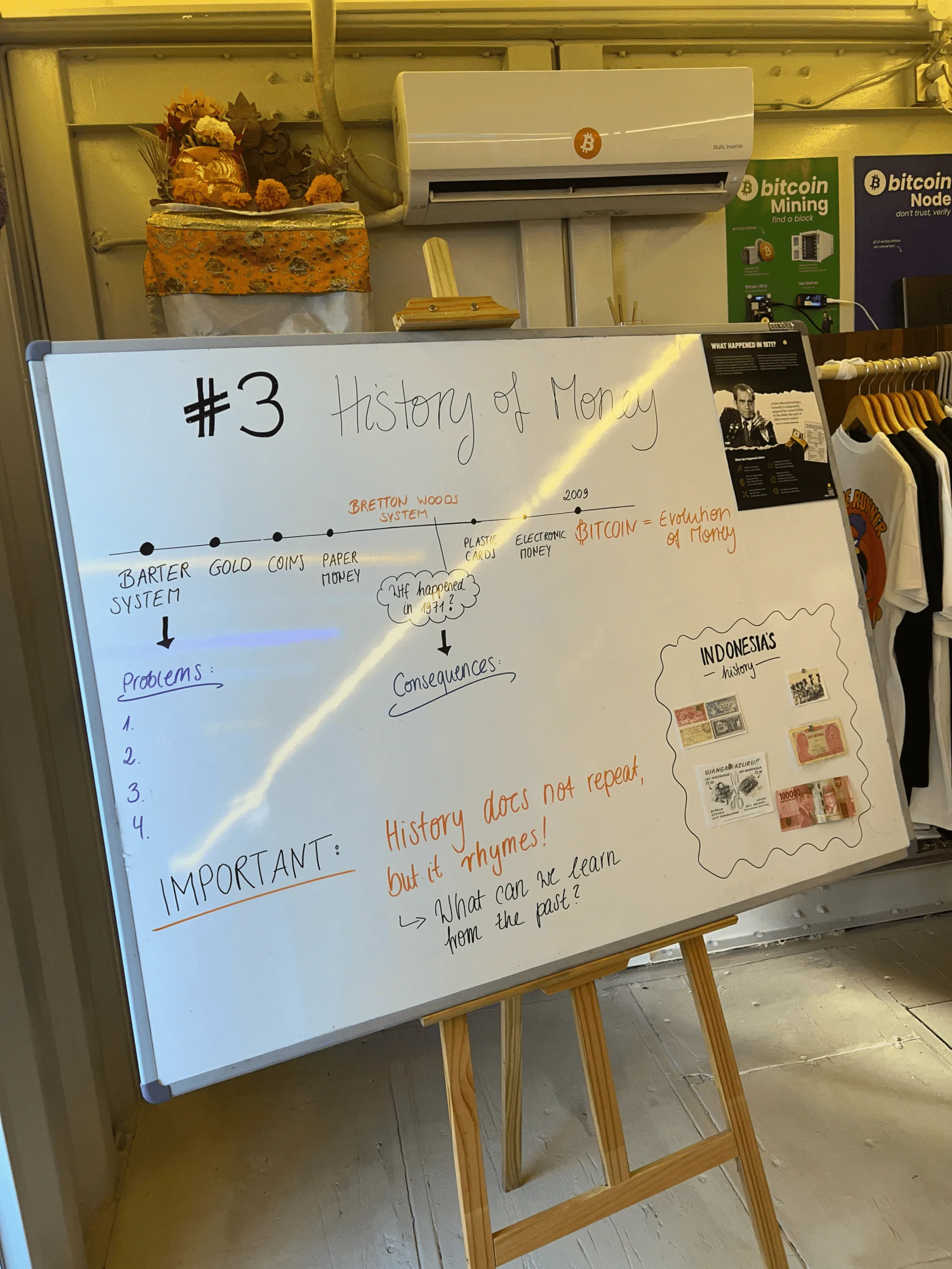Whiteboard lesson on the History of Money, from the barter system to gold, paper money, and Bitcoin as the evolution of money