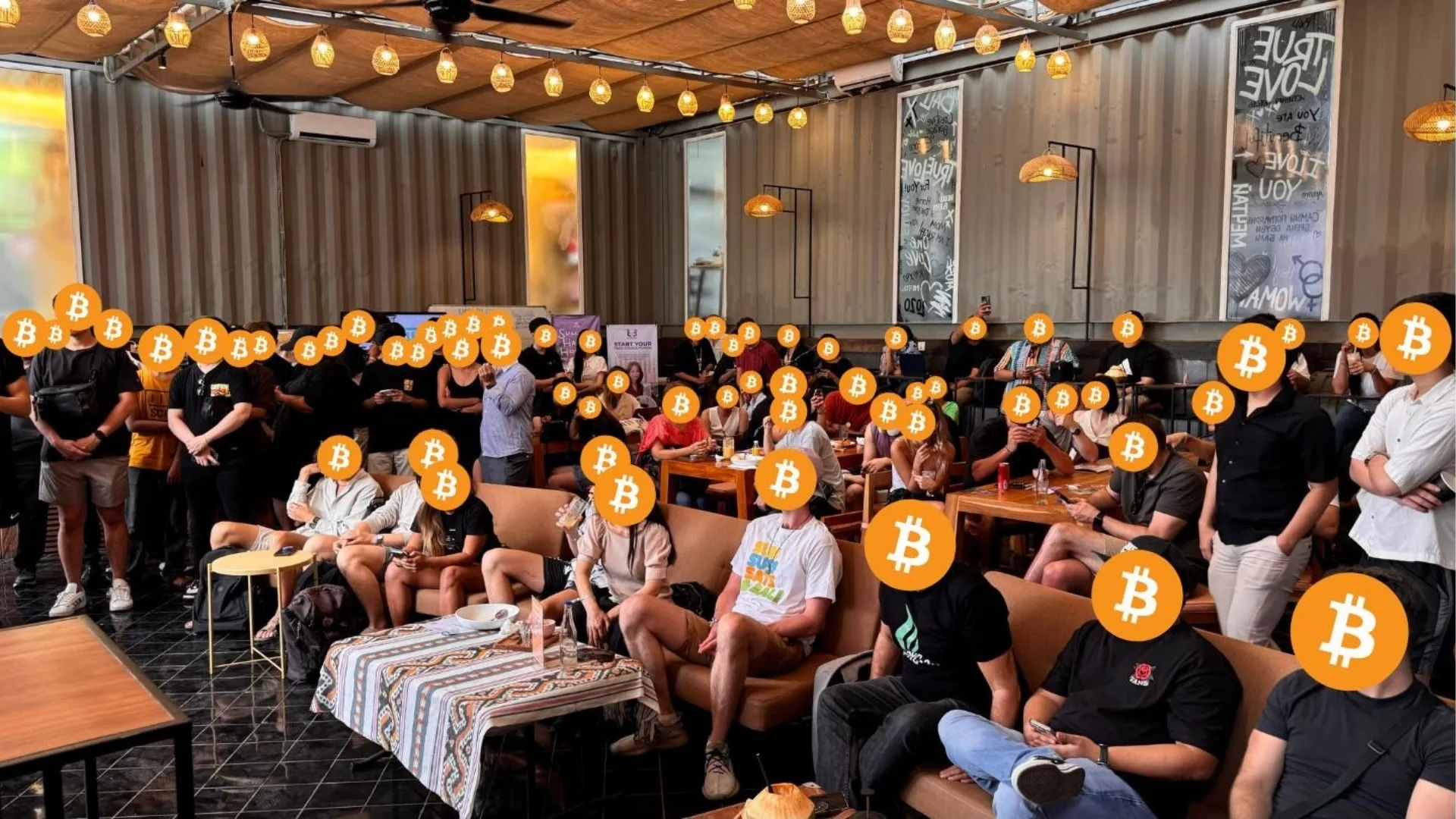 A crowded Bitcoin Indonesia community meetup, part of the 40+ monthly meetups held across the country