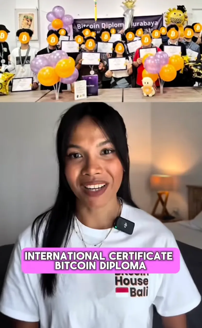 Video testimonial about the International Bitcoin Diploma certificate, above a Bitcoin Diploma Surabaya graduation group photo