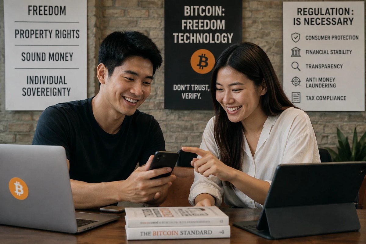 Two young Indonesians smiling as they check Bitcoin on a phone beside a poster listing Indonesian crypto regulation requirements