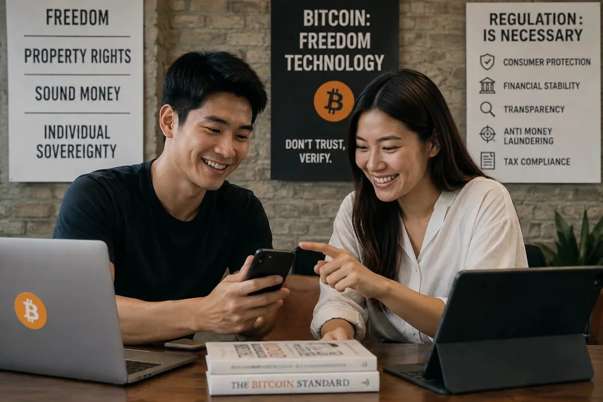 Two young Indonesians smiling as they check Bitcoin on a phone beside a poster listing Indonesian crypto regulation requirements