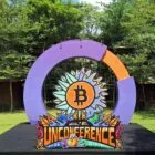 Entrance arch of the MFB Unconference 2026 in Surabaya with the Bitcoin sunflower logo