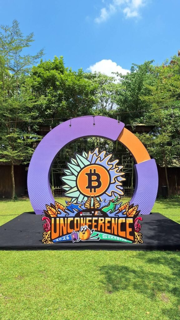 Bitcoin Pertama Aku 17 Entrance arch of the MFB Unconference 2026 in Surabaya with the Bitcoin sunflower logo