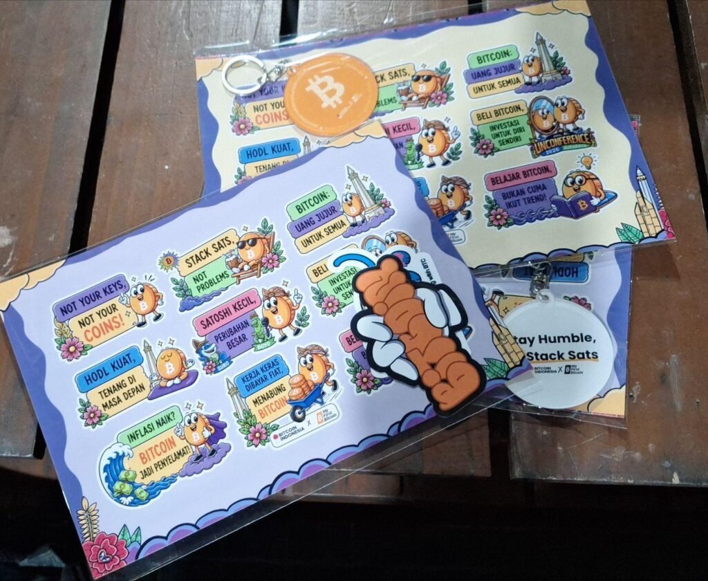 Bitcoin Pertama Aku 19 Bitcoin sticker sheets and keychains handed out to participants at the MFB Unconference 2026 in Surabaya